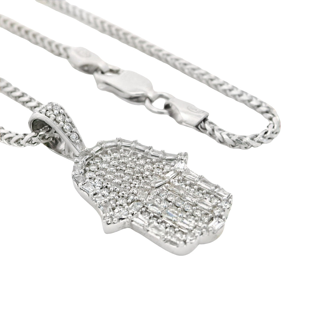 14K White Hamsa Diamond 💎 Pendant W/ Solid Franco Chain (22” Inches) JTJ™ - Javierthejeweler
