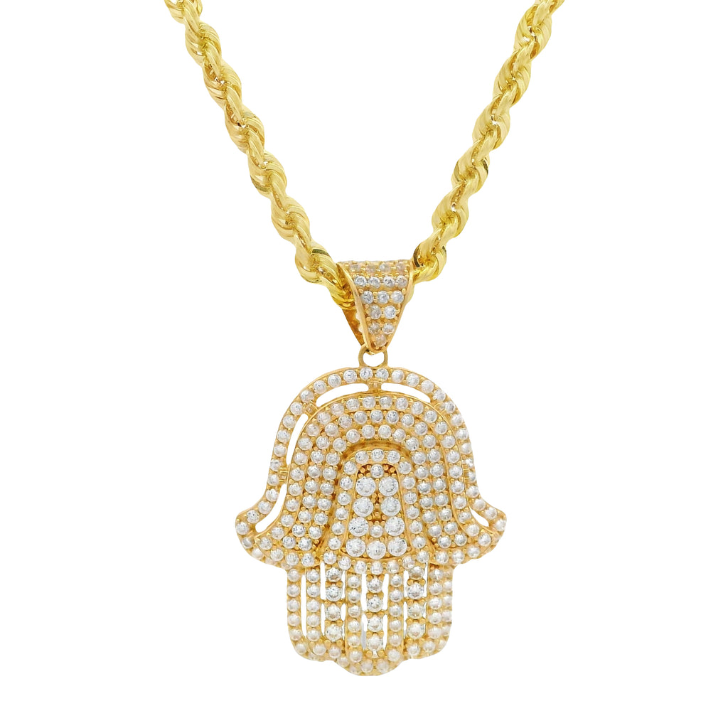 14K Hamsa CZ Pendant w/ Hollow Rope Chain (3.5MM - 26” Inches) JTJ™ - Javierthejeweler