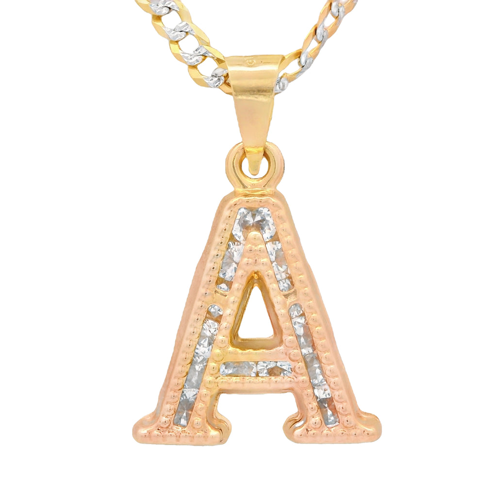 14K Initial (A) CZ Pendant w/ Solid Two Tone Cuban Chain (18” Inches) JTJ™ - Javierthejeweler