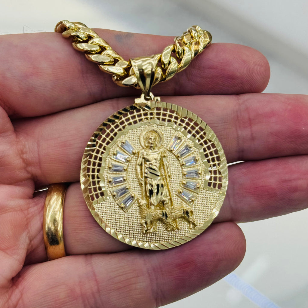 14k Saint Lazarus Pendant W/ Hollow Cuban Chain (7MM - 20” Inches) JTJ™ - Javierthejeweler