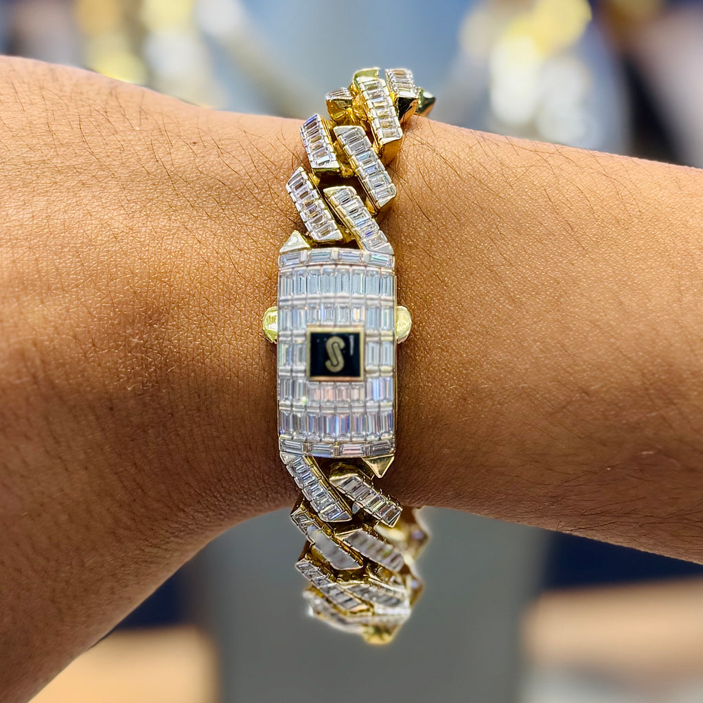 14K Hollow Cuban CZ Baguette Bracelet (17MM) JTJ™ - Javierthejeweler