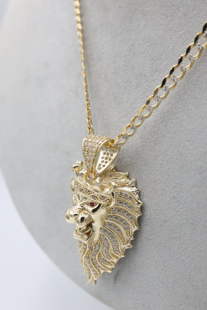 *NEW* 14K King Lion Pendant w/ Solid Two-Tone Cuban Curb Chain JTJ™ - - Javierthejeweler