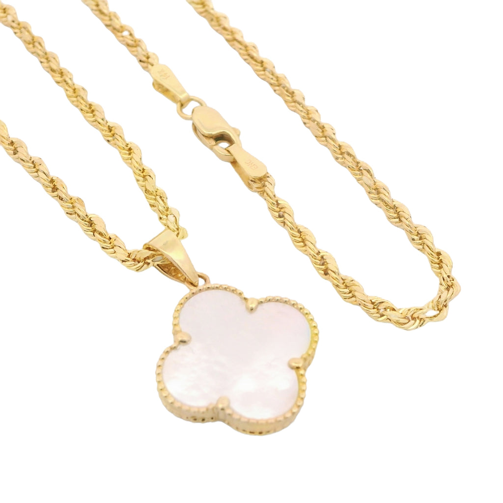 14K White Clover Pendant W/ Hollow Rope Chain (18” Inches) JTJ™ - Javierthejeweler