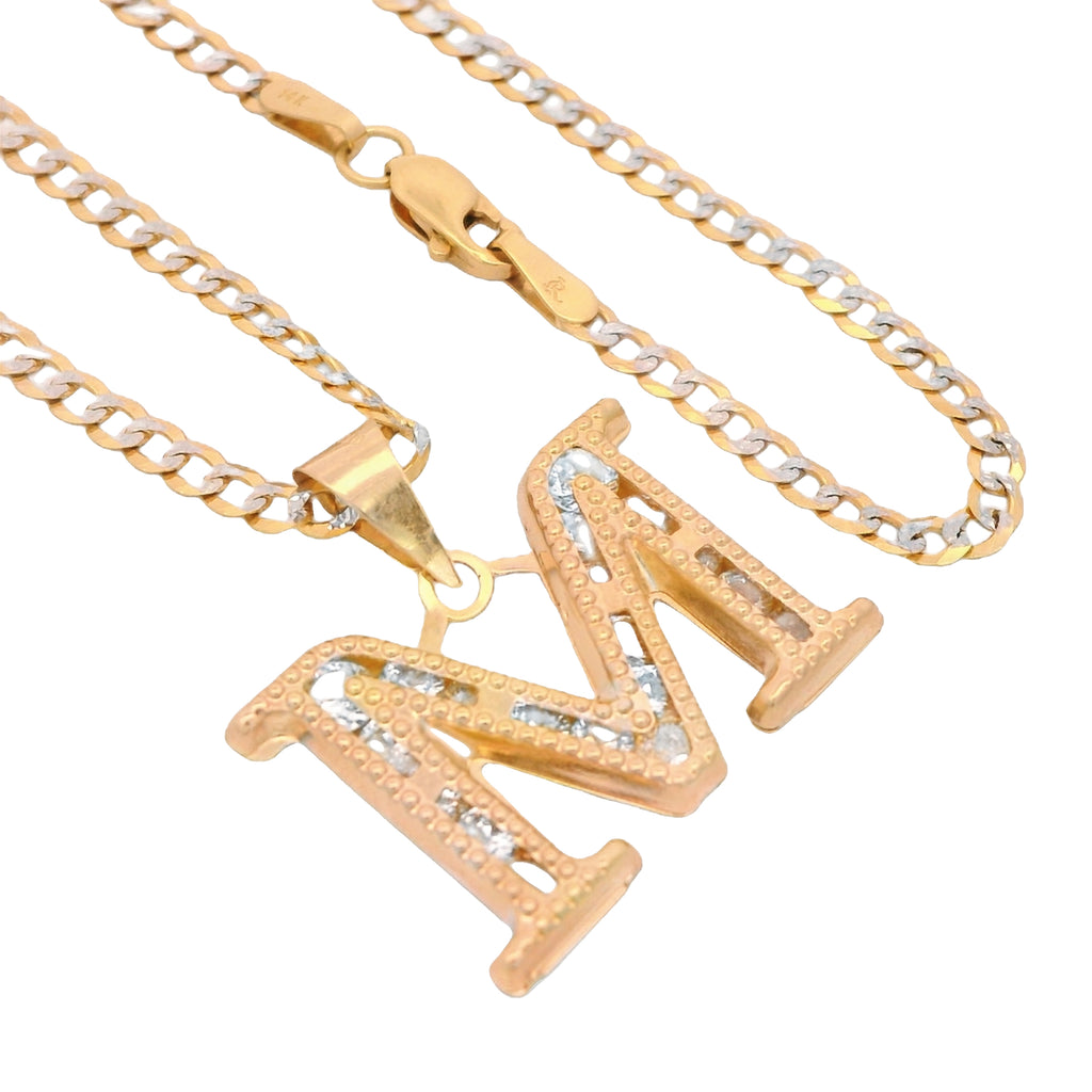 14K Initial (M) CZ Pendant w/ Solid Two Tone Cuban Chain (18” Inches) JTJ™ - Javierthejeweler