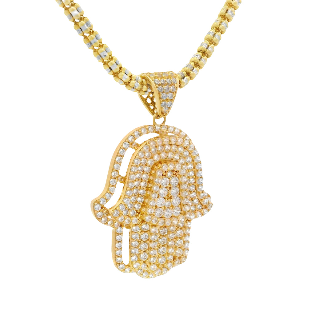 14K CZ Hamsa full CZ Pendant 🪬 W/ Moon Ice Chain (3.3MM - 16") JTJ™ - Javierthejeweler