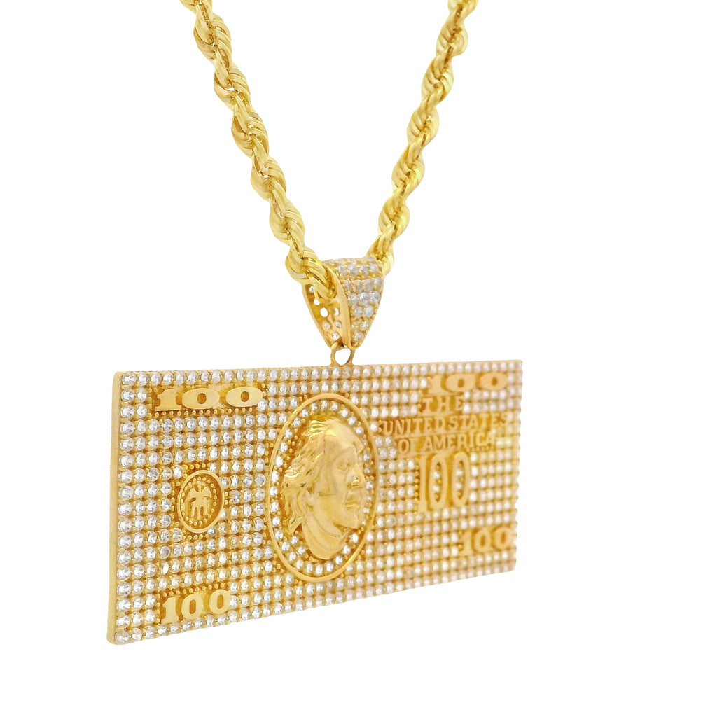14K $100 BILL CZ Pendant w/ Hollow Rope Chain (3.5MM - 26” Inches) JTJ™ - Javierthejeweler