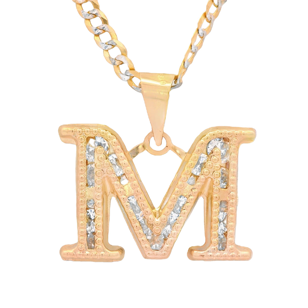 14K Initial (M) CZ Pendant w/ Solid Two Tone Cuban Chain (18” Inches) JTJ™ - Javierthejeweler