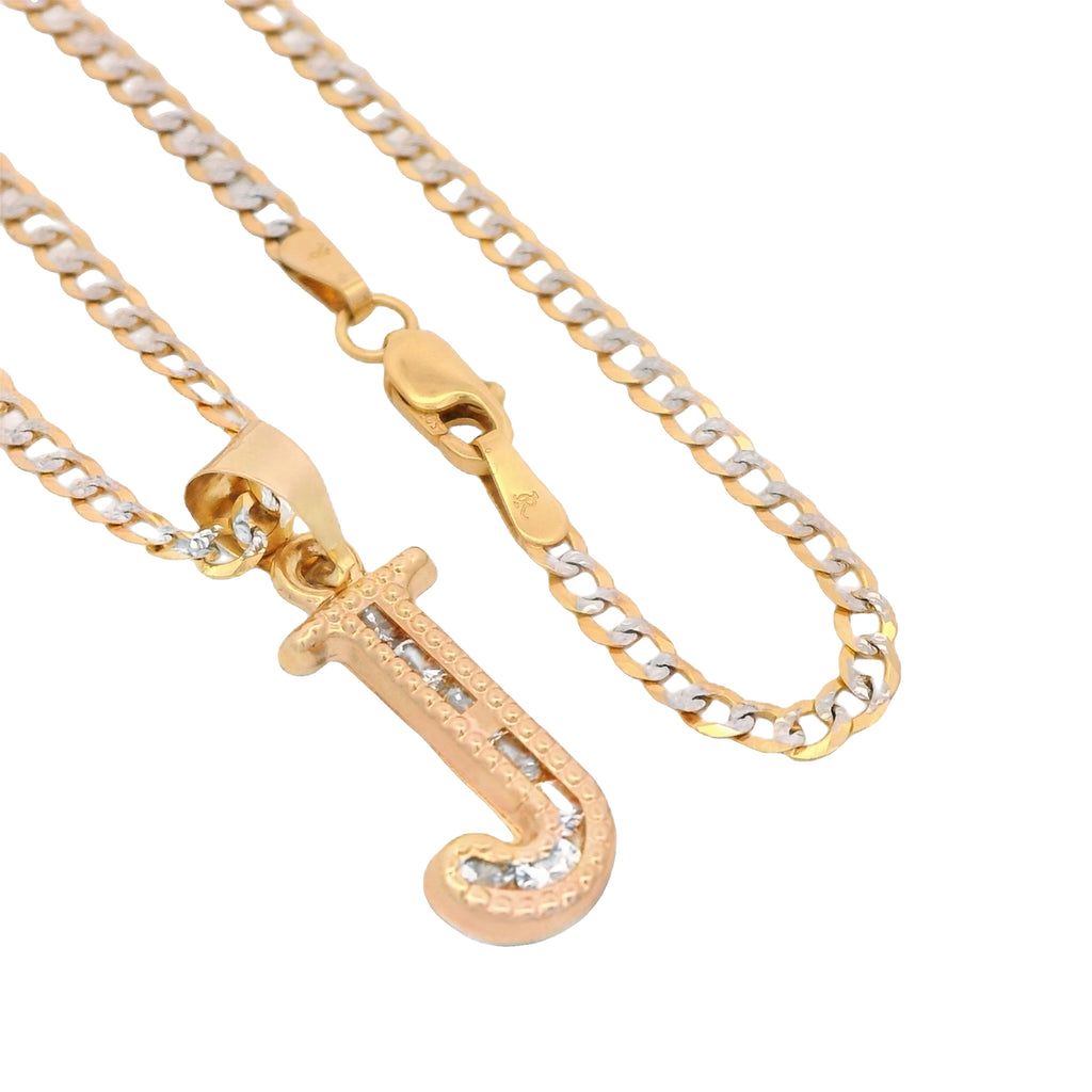 14K Initial (J) CZ Pendant w/ Solid Two Tone Cuban Chain (18” Inches) JTJ™ - Javierthejeweler
