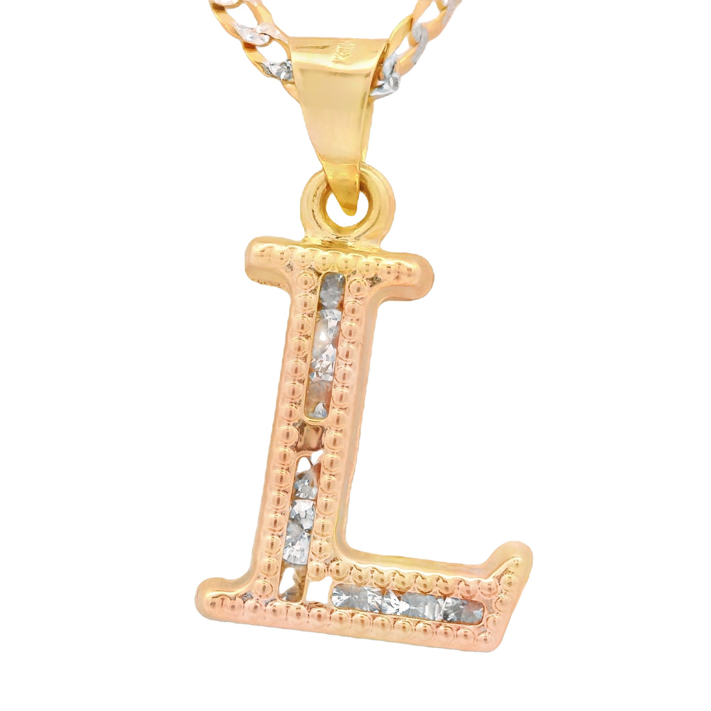 14K Initial (L) CZ Pendant w/ Solid Two Tone Cuban Chain (18” Inches) JTJ™ - Javierthejeweler