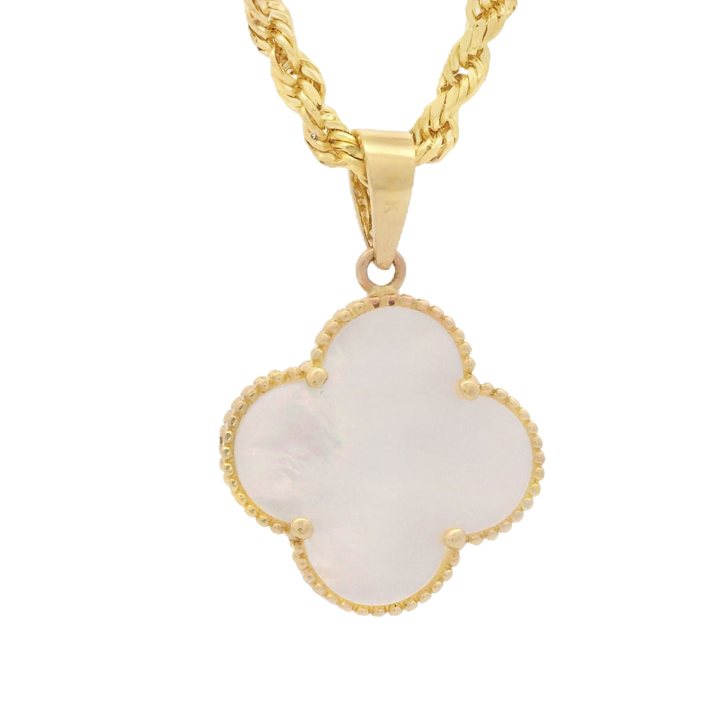 14K White Clover Pendant W/ Hollow Rope Chain (18” Inches) JTJ™ - Javierthejeweler