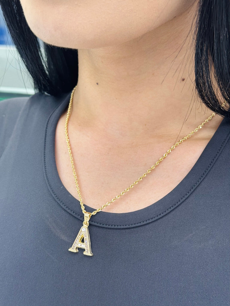 14k Initial CZ Pendant W/ Hollow Rope Chain (18” Inches) JTJ™ - Javierthejeweler