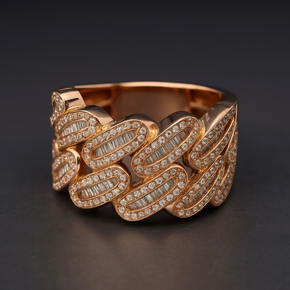 14K Rose Gold Men’s 💎 Baguette Diamond Cuban Ring JTJ™ - Javierthejeweler