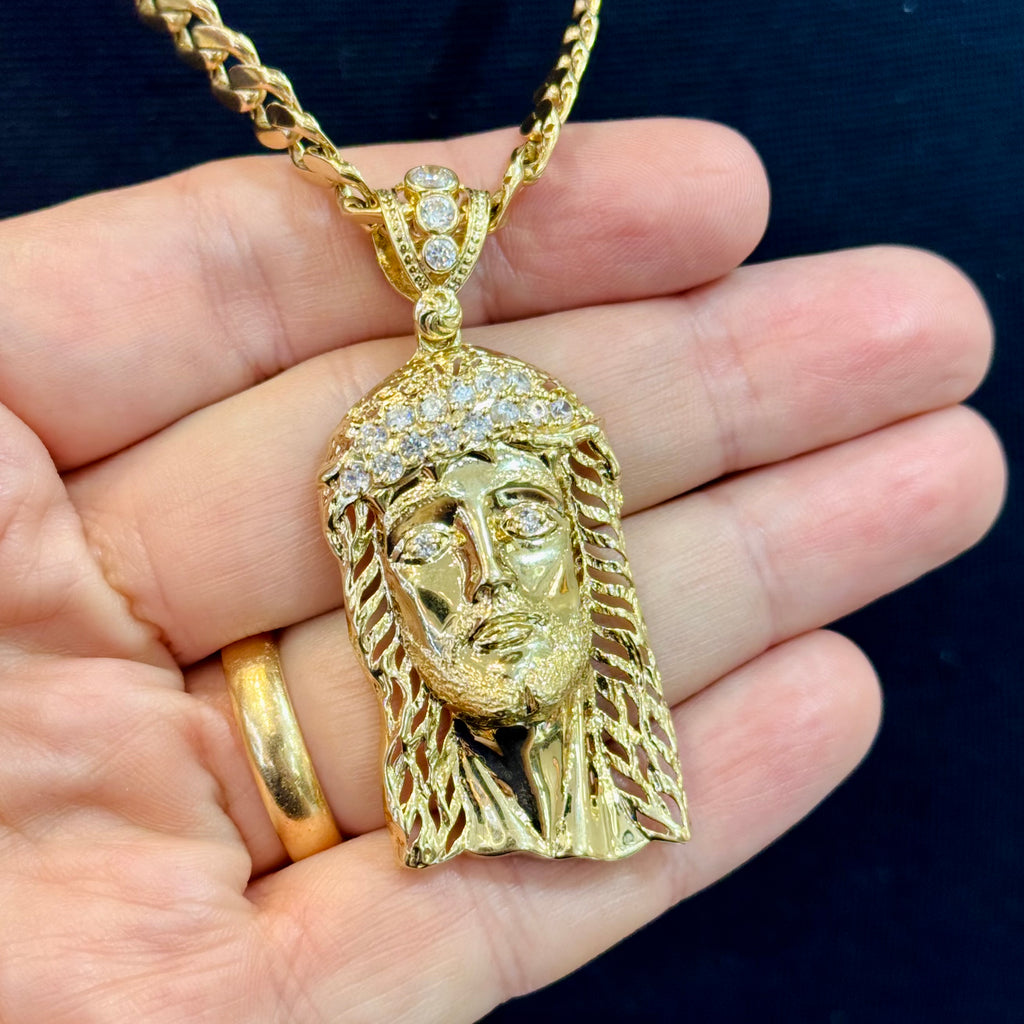14k Jesus Face CZ Pendant W/ Hollow Cuban Chain (7MM / 24” Inches) JTJ™ - Javierthejeweler