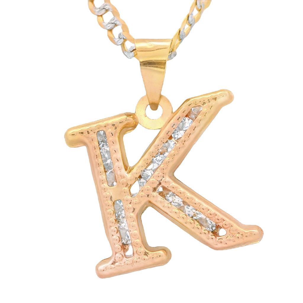 14K Initial (K) CZ Pendant w/ Solid Two Tone Cuban Chain (18” Inches) JTJ™ - Javierthejeweler