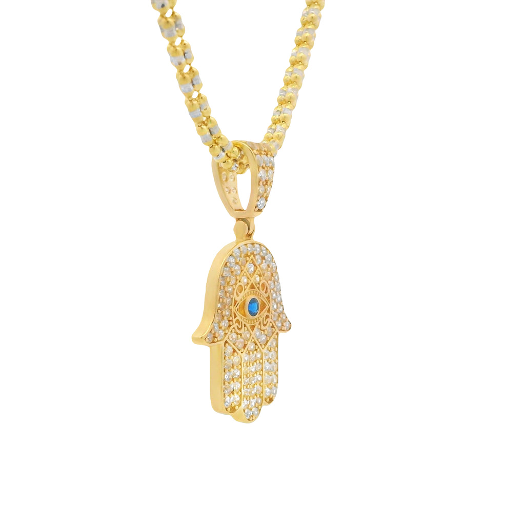 14K Hamsa 🪬 CZ Pendant W/ Moon Iced Chain (16” Inches) JTJ™ - Javierthejeweler