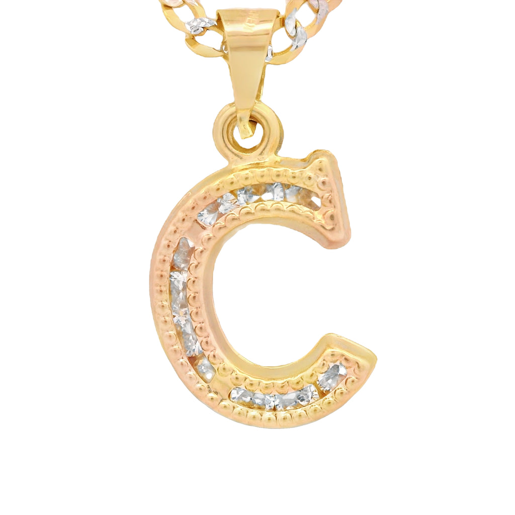 14K Initial (C) CZ Pendant w/ Solid Two Tone Cuban Chain (18” Inches) JTJ™ - Javierthejeweler