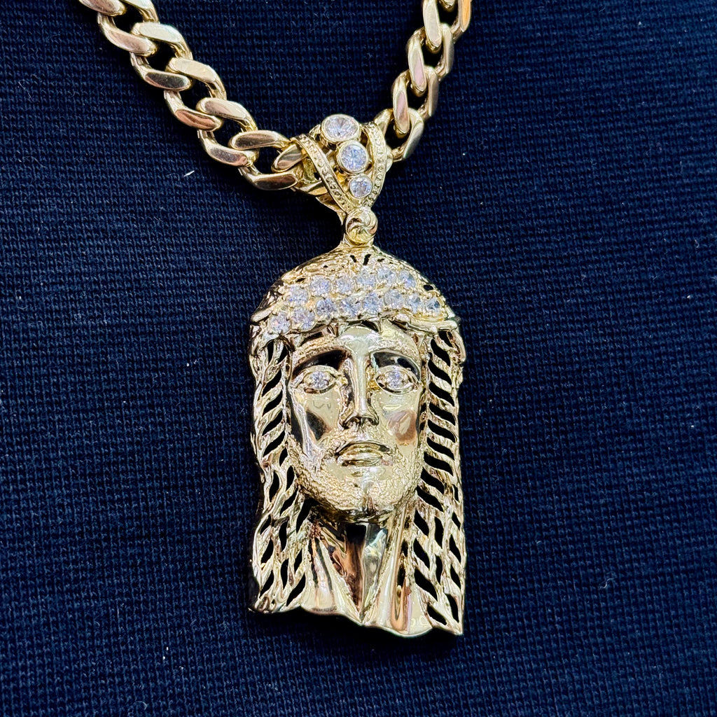 14k Jesus Face CZ Pendant W/ Hollow Cuban Chain (7MM / 24” Inches) JTJ™ - Javierthejeweler