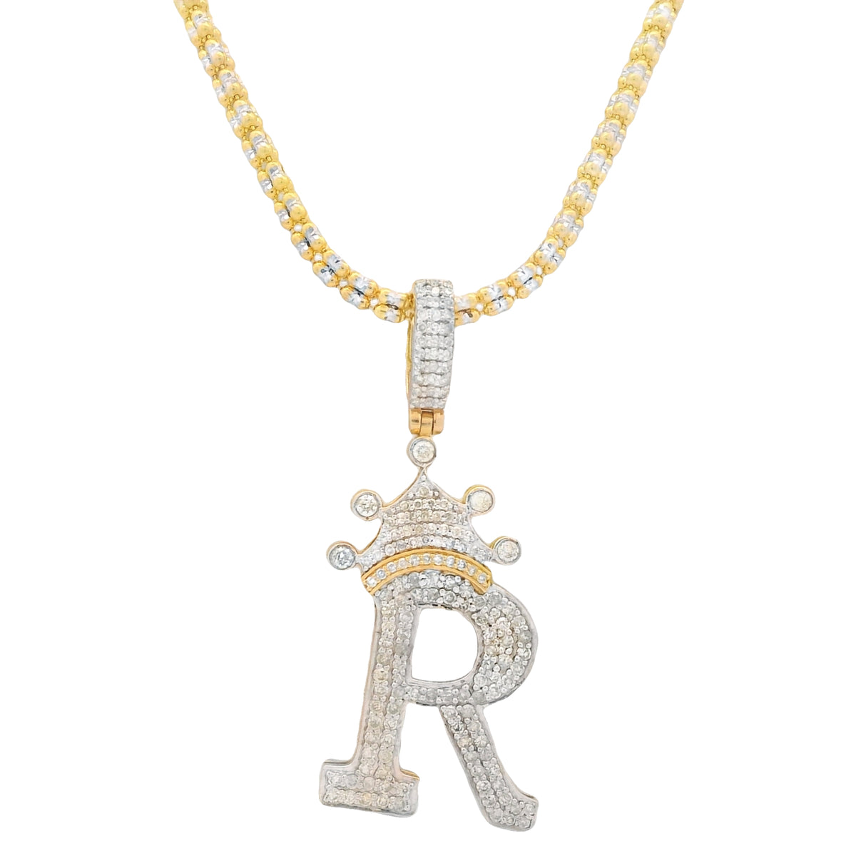 14K Initial R Diamond Pendant 💎 W/ Moon Ice Chain (18