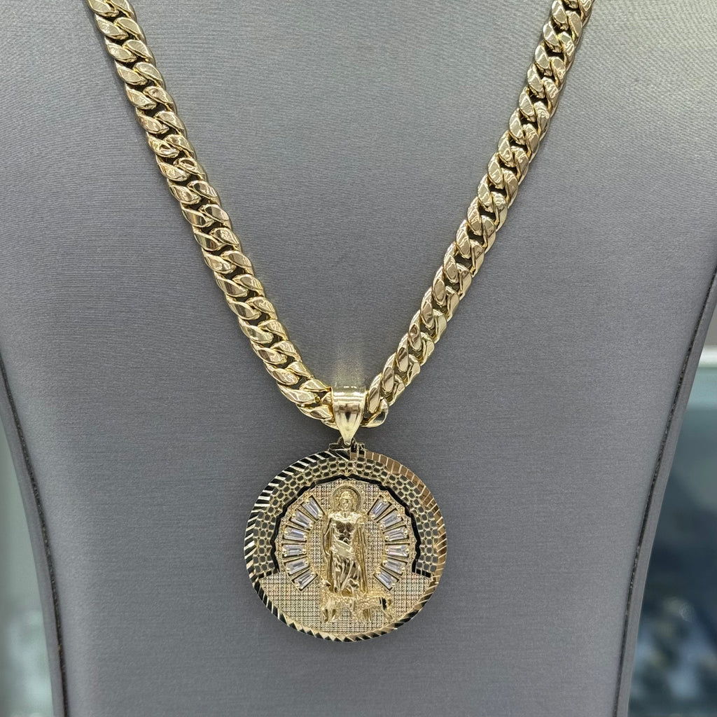 14k Saint Lazarus Pendant W/ Hollow Cuban Chain (7MM - 20” Inches) JTJ™ - Javierthejeweler