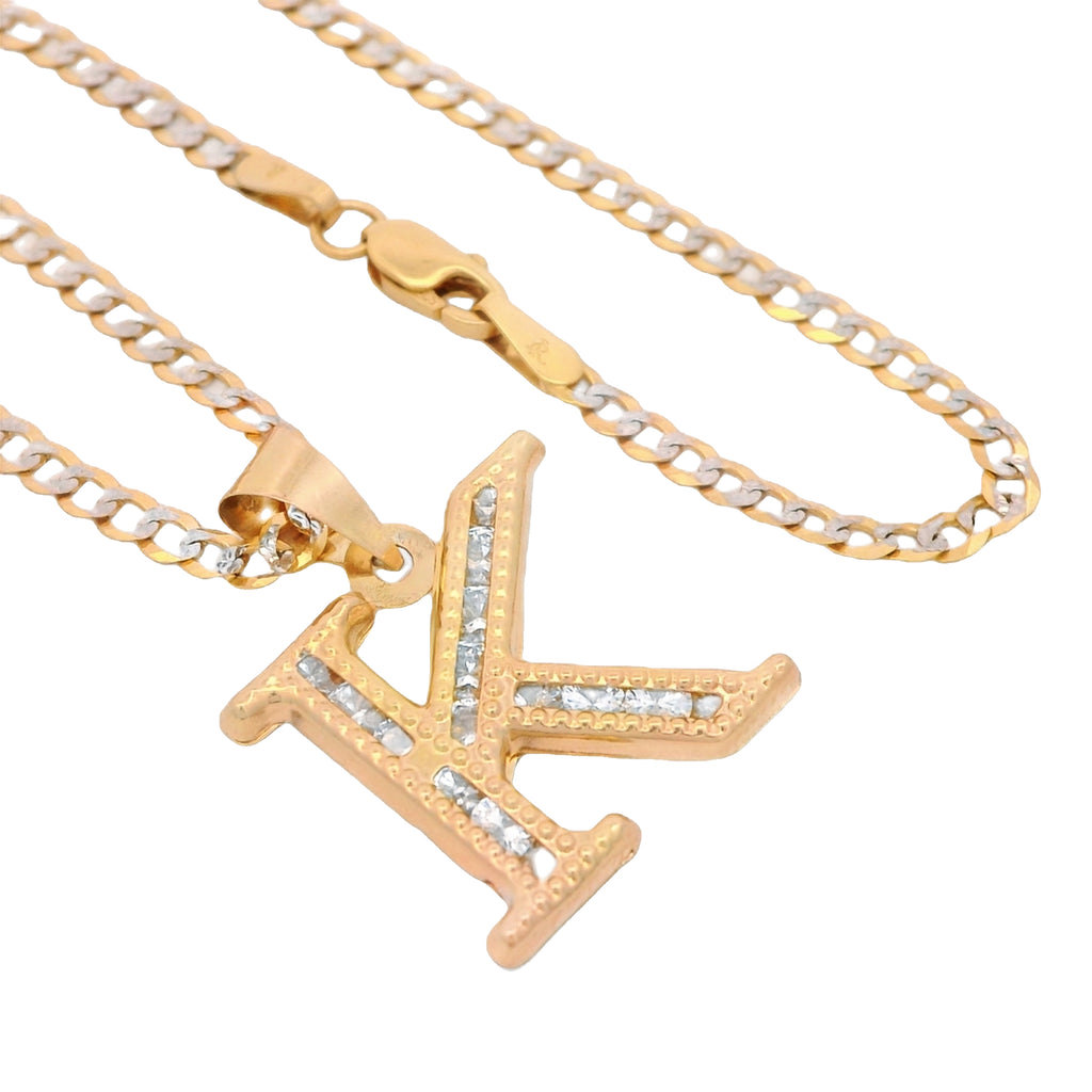 14K Initial (K) CZ Pendant w/ Solid Two Tone Cuban Chain (18” Inches) JTJ™ - Javierthejeweler
