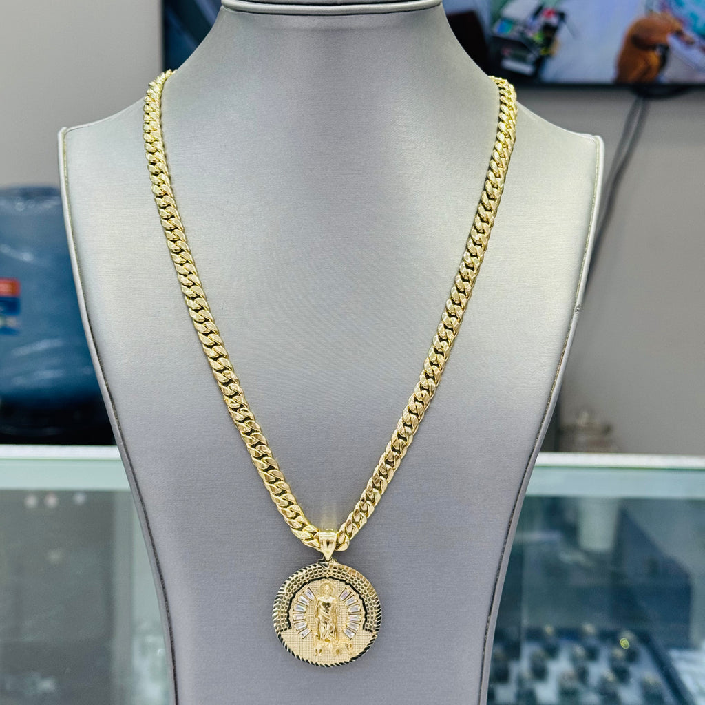 14k Saint Lazarus Pendant W/ Hollow Cuban Chain (7MM - 20” Inches) JTJ™ - Javierthejeweler