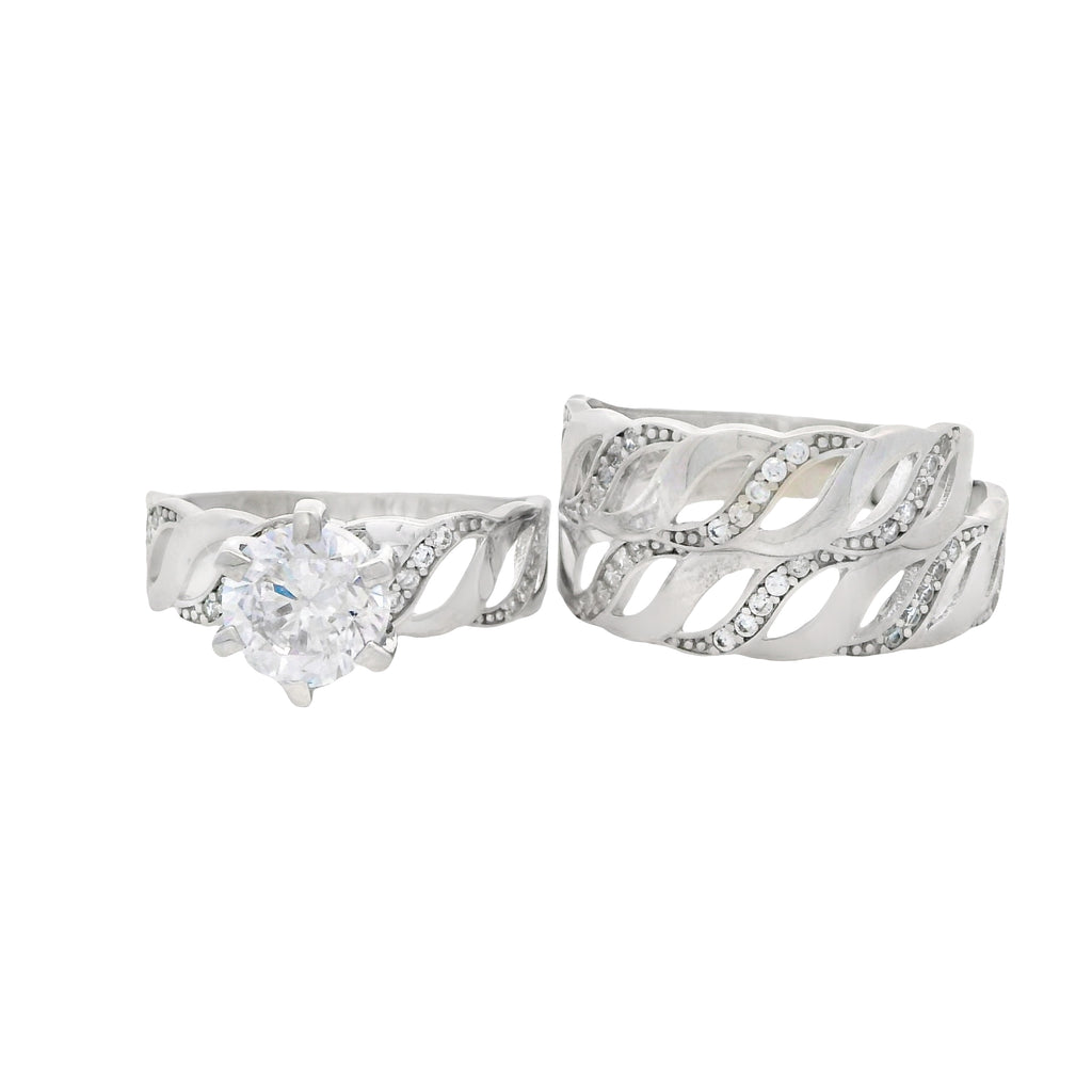 14k Trio Set White Gold CZ Cuban Fancy Wedding Rings JTJ™ - Javierthejeweler