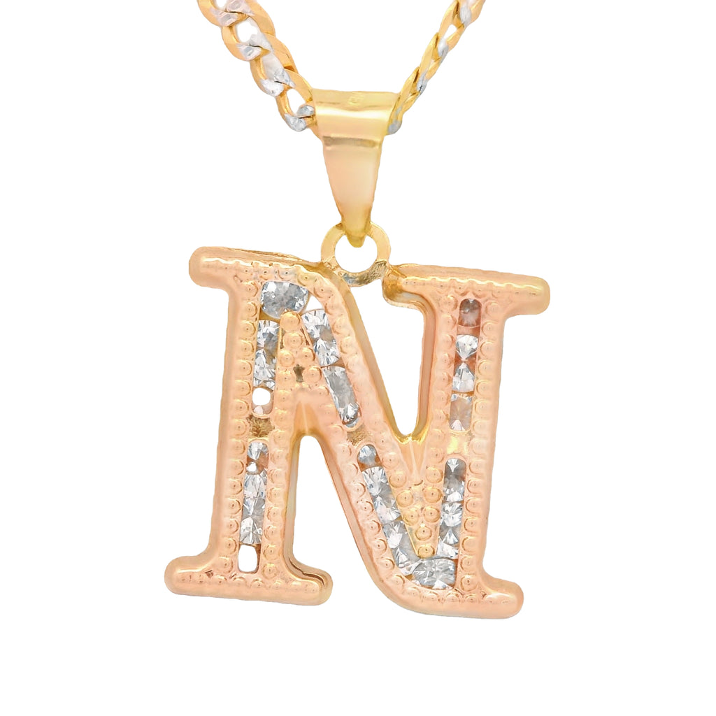 14K Initial (N) CZ Pendant w/ Solid Two Tone Cuban Chain (18” Inches) JTJ™ - Javierthejeweler