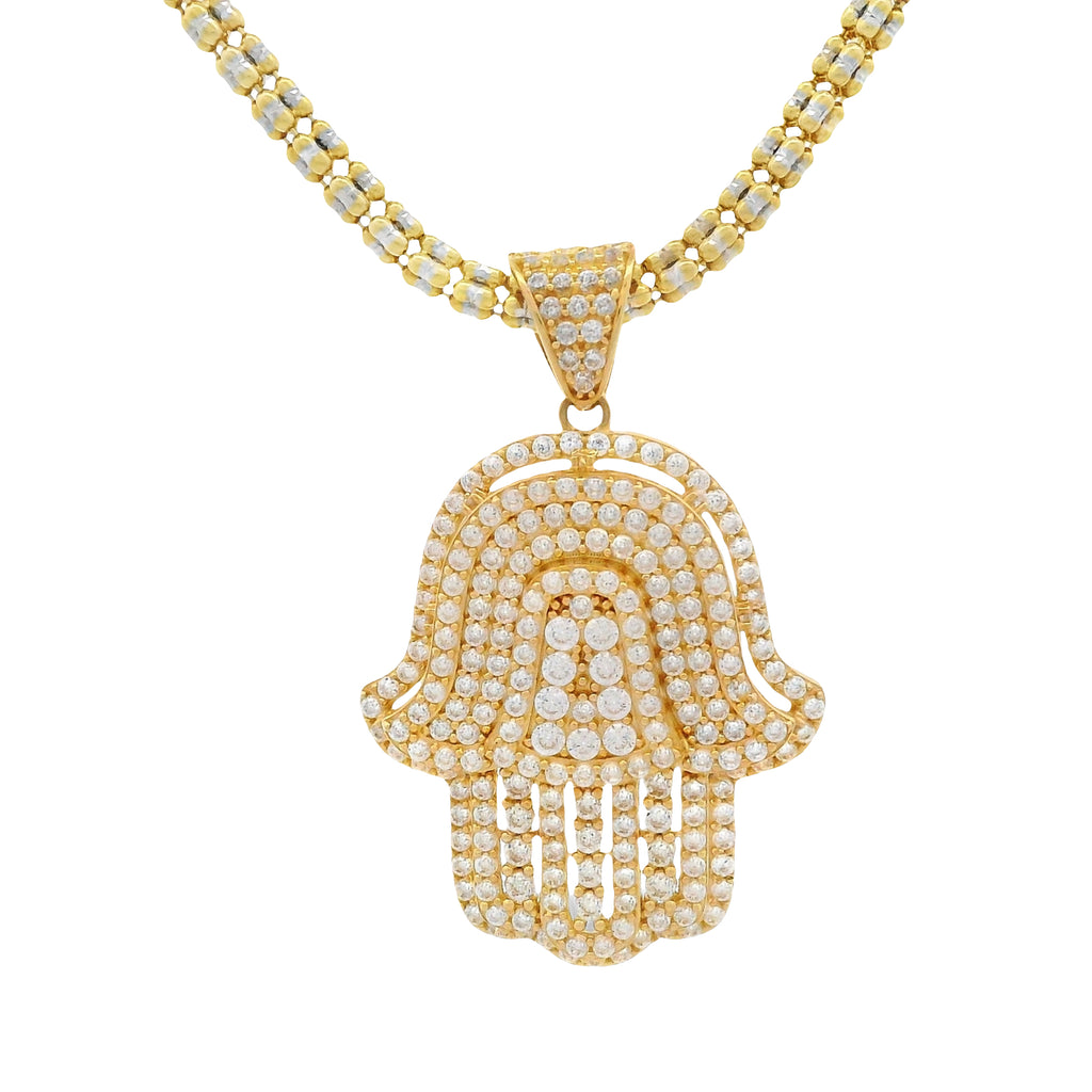 14K CZ Hamsa full CZ Pendant 🪬 W/ Moon Ice Chain (3.3MM - 16") JTJ™ - Javierthejeweler