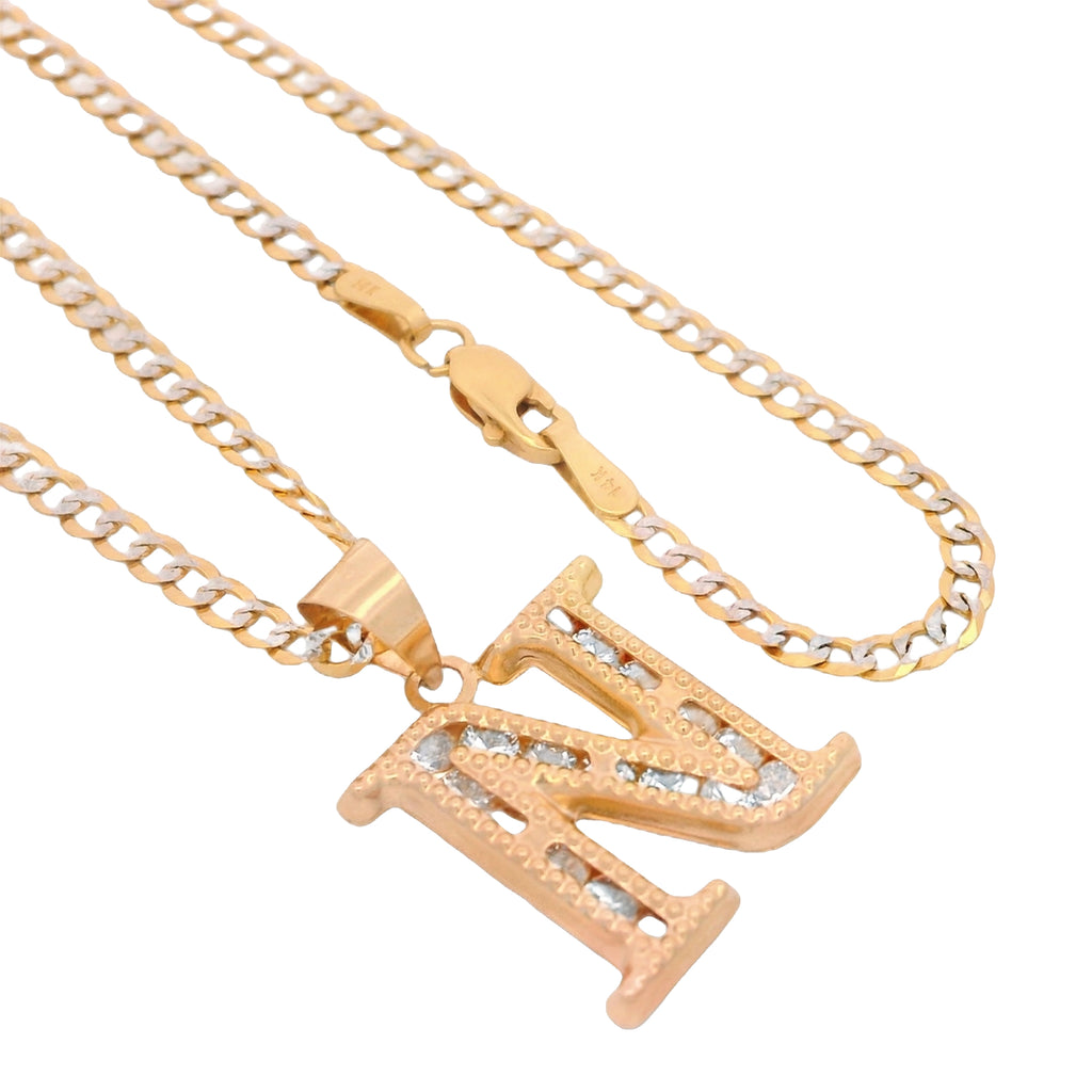 14K Initial (N) CZ Pendant w/ Solid Two Tone Cuban Chain (18” Inches) JTJ™ - Javierthejeweler