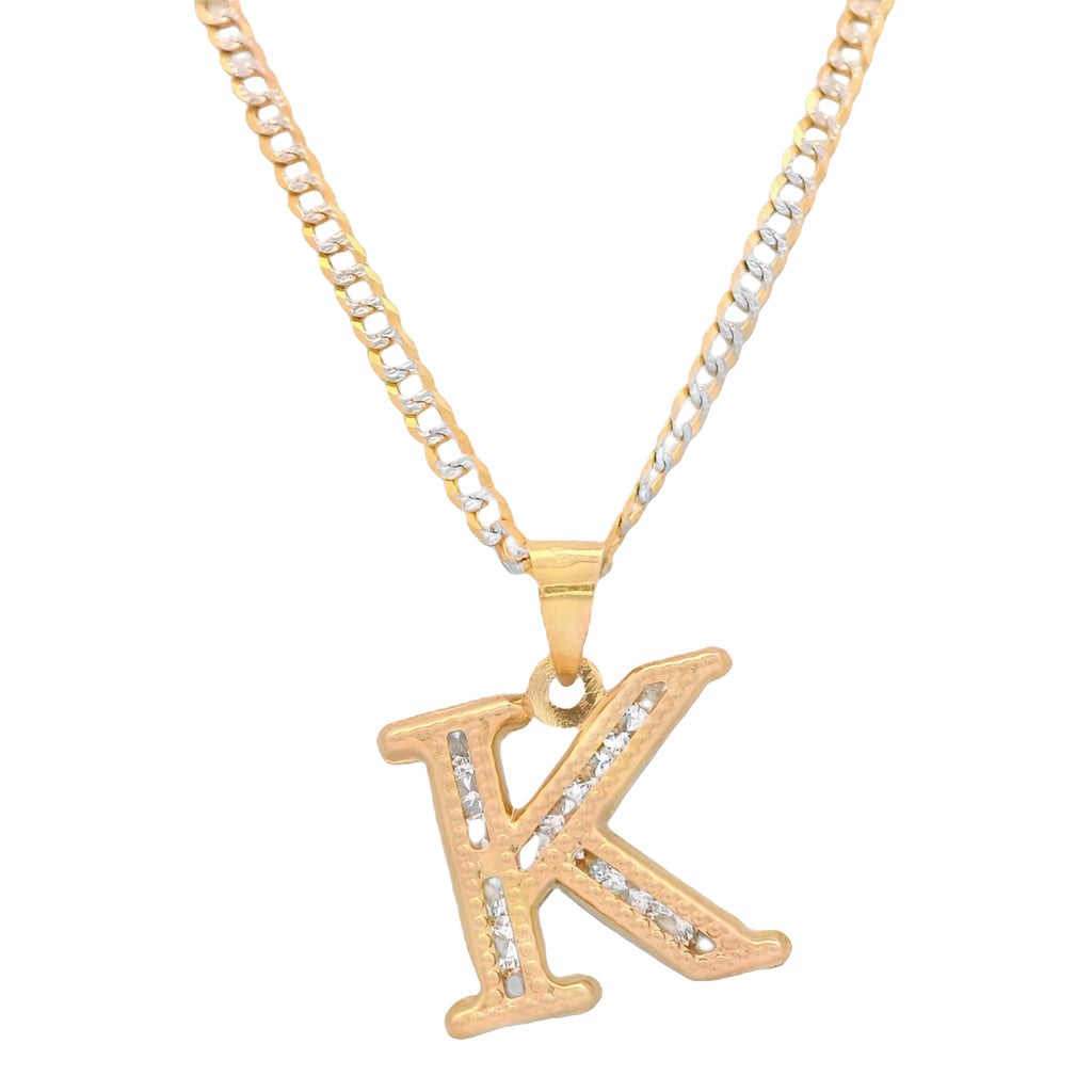 14K Initial (K) CZ Pendant w/ Solid Two Tone Cuban Chain (18” Inches) JTJ™ - Javierthejeweler