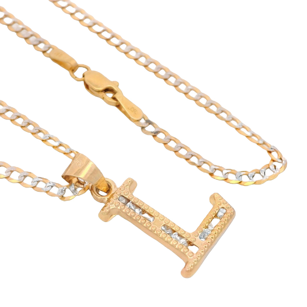 14K Initial (L) CZ Pendant w/ Solid Two Tone Cuban Chain (18” Inches) JTJ™ - Javierthejeweler