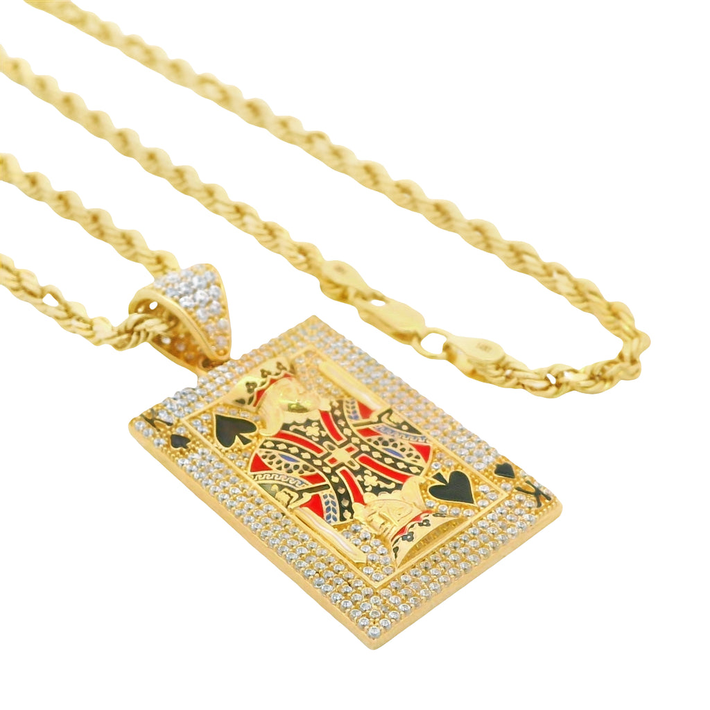 14k King of Spades CZ Pendant W/ Hollow Rope Chain (3MM // 22” Inches) JTJ™ - Javierthejeweler