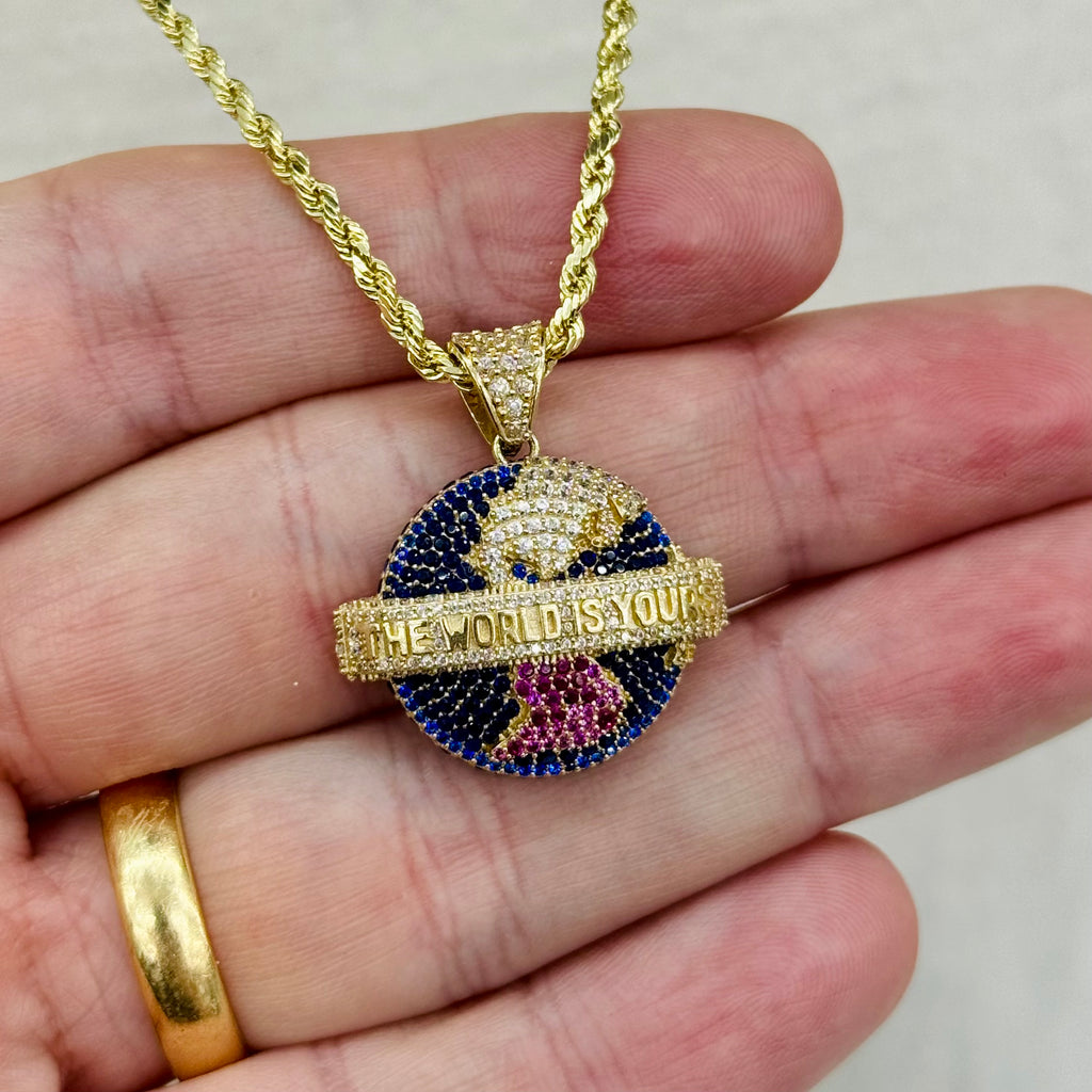 14k The World is Yours Pendant W/ Hollow Rope Chain (24” Inches) JTJ™ - Javierthejeweler