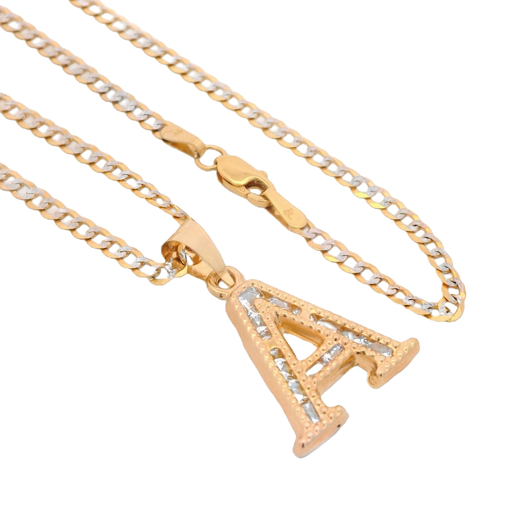 14K Initial (A) CZ Pendant w/ Solid Two Tone Cuban Chain (18” Inches) JTJ™ - Javierthejeweler