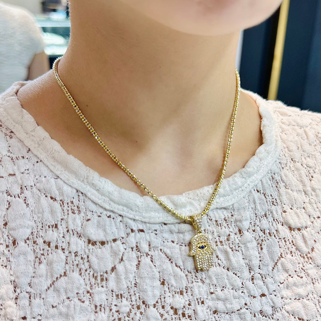 14K Hamsa 🪬 CZ Pendant W/ Moon Iced Chain (16” Inches) JTJ™ - Javierthejeweler