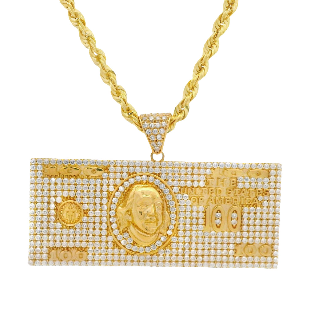 14K $100 BILL CZ Pendant w/ Hollow Rope Chain (3.5MM - 26” Inches) JTJ™ - Javierthejeweler