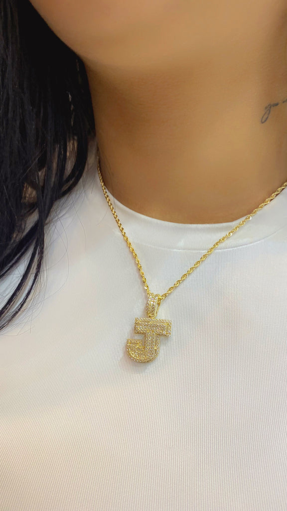 *NEW* 14k Initial Baguette CZ Pendant W/ Hollow Rope Chain (20” Inches) JTJ™ - Javierthejeweler