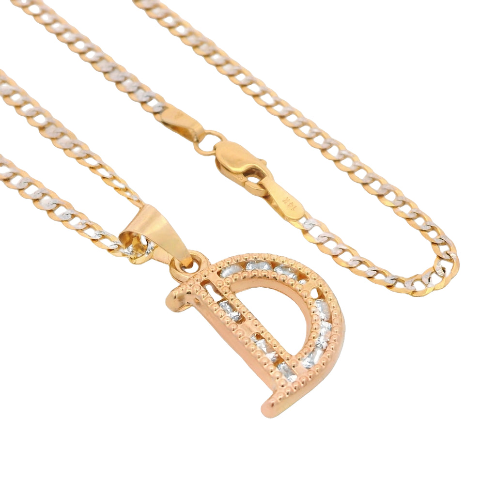 14K Initial (D) CZ Pendant w/ Solid Two Tone Cuban Chain (18” Inches) JTJ™ - Javierthejeweler