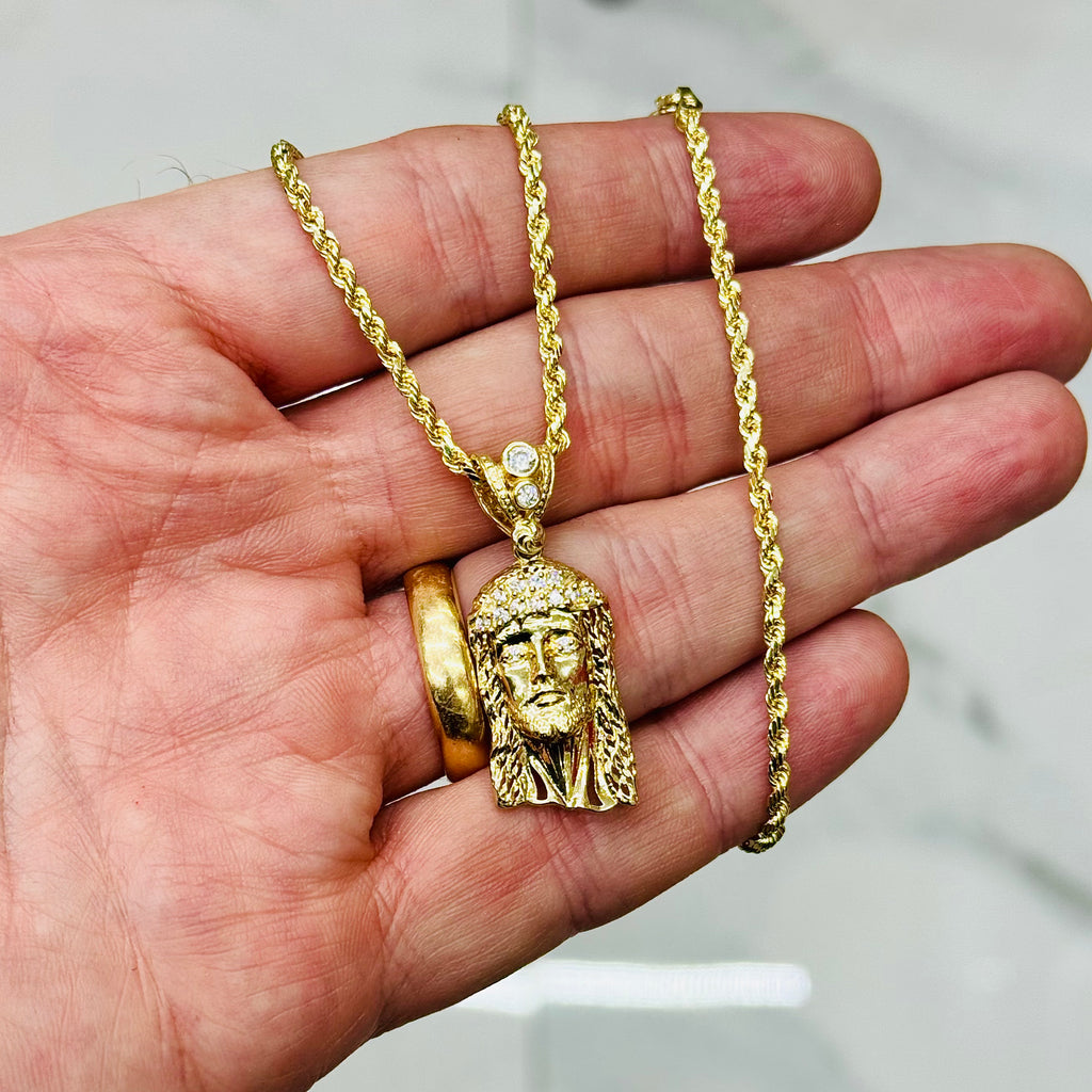 14K Jesus Face CZ Pendant NYC - Gold Rope Chain – Javierthejeweler
