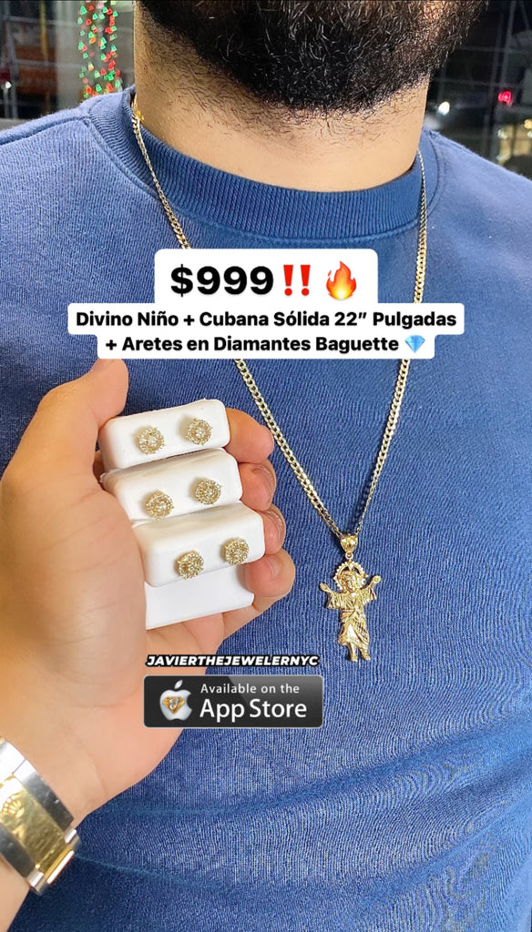 *NEW* 14K Divino Niño Pendant W/ Solid Cuban Chain 22” Inches + Diamond Baguette Round Earrings💎 JTJ™ - Javierthejeweler