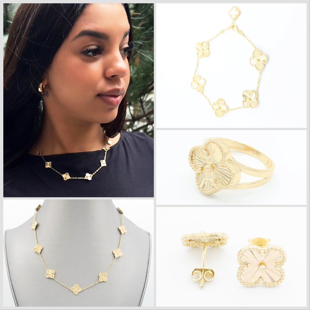 *NEW* 14k Yellow Gold Clover Choker + Bracelet + Ring + Earrings  JTJ™ - Javierthejeweler