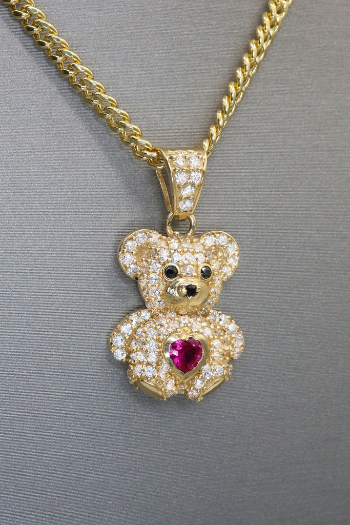 *NEW* 14k  CZ Teddy Bear (Pink) Pendant w/ Miami Hollow Cuban Chain (2.5MM // 18” Inches)JTJ™ - Javierthejeweler