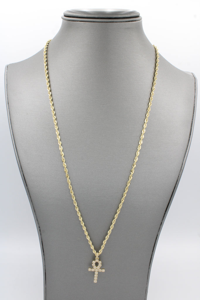*NEW* 14k Ankh Cross VVS Diamond Pendant 💎 W/ Hollow Rope Chain 24” Inches + VVS Diamond Earrings  JTJ™ - Javierthejeweler