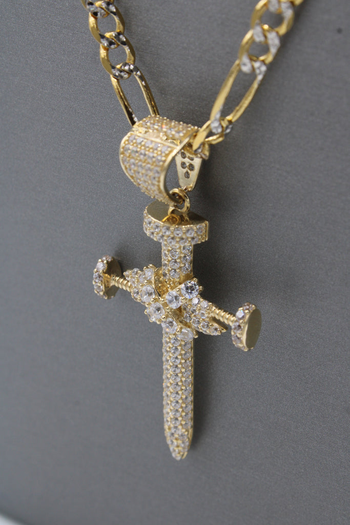 *NEW* 14k Cz Nail Cross Pendant W/ Hollow Two-Tone Figaro Chain JTJ™ - Javierthejeweler
