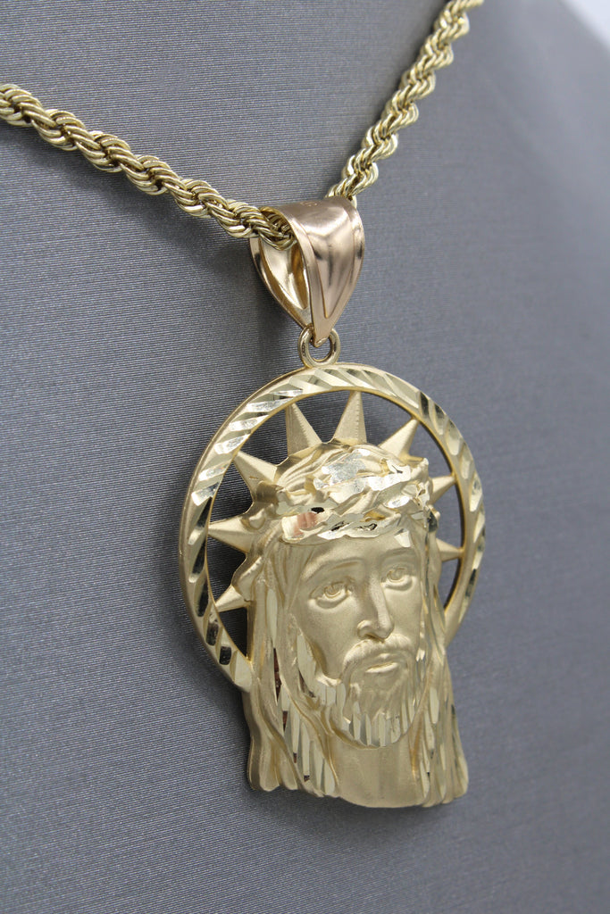 *NEW* 14k Crown Face Jesus Pendant CZ W/ Hollow Rope Chain JTJ™- - Javierthejeweler