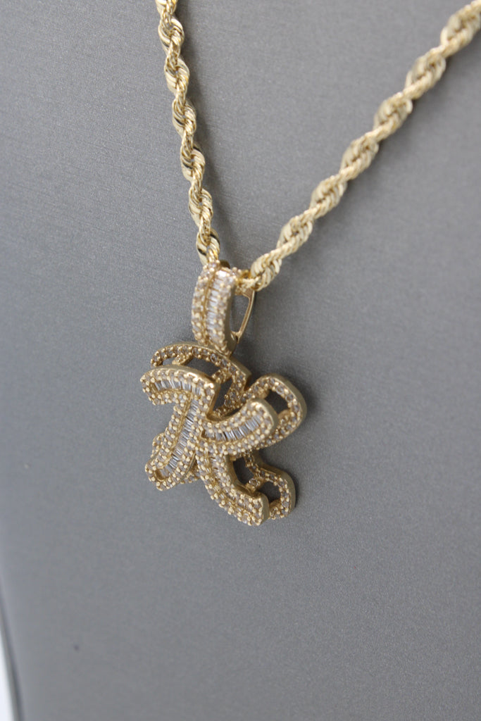 *NEW* 14k Initial (K) Baguette CZ Pendant W/ Hollow Rope Chain (20”) JTJ™ - Javierthejeweler