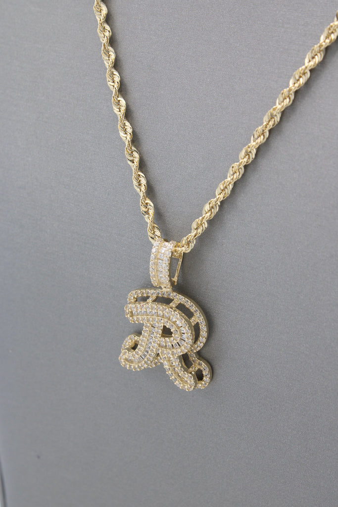 *NEW* 14k Initial (R) Baguette CZ Pendant W/ Hollow Rope Chain (20”) JTJ™ - Javierthejeweler
