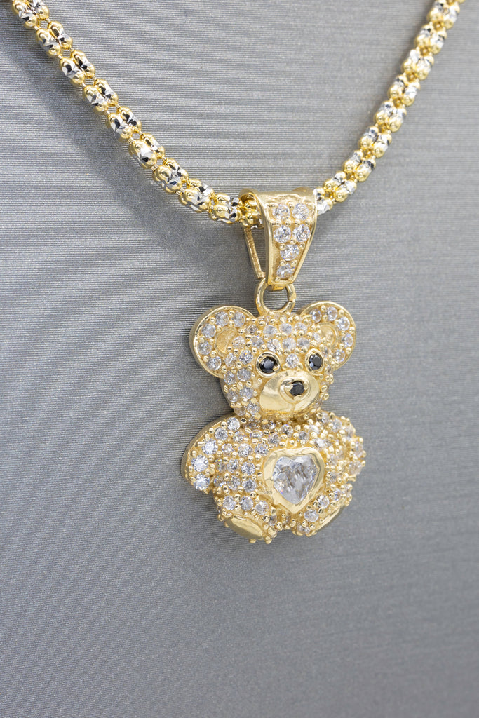 *NEW* 14K (Heart CZ) Teddy Bear Pendant W/ Moon Ice Chain - JTJ™ - Javierthejeweler