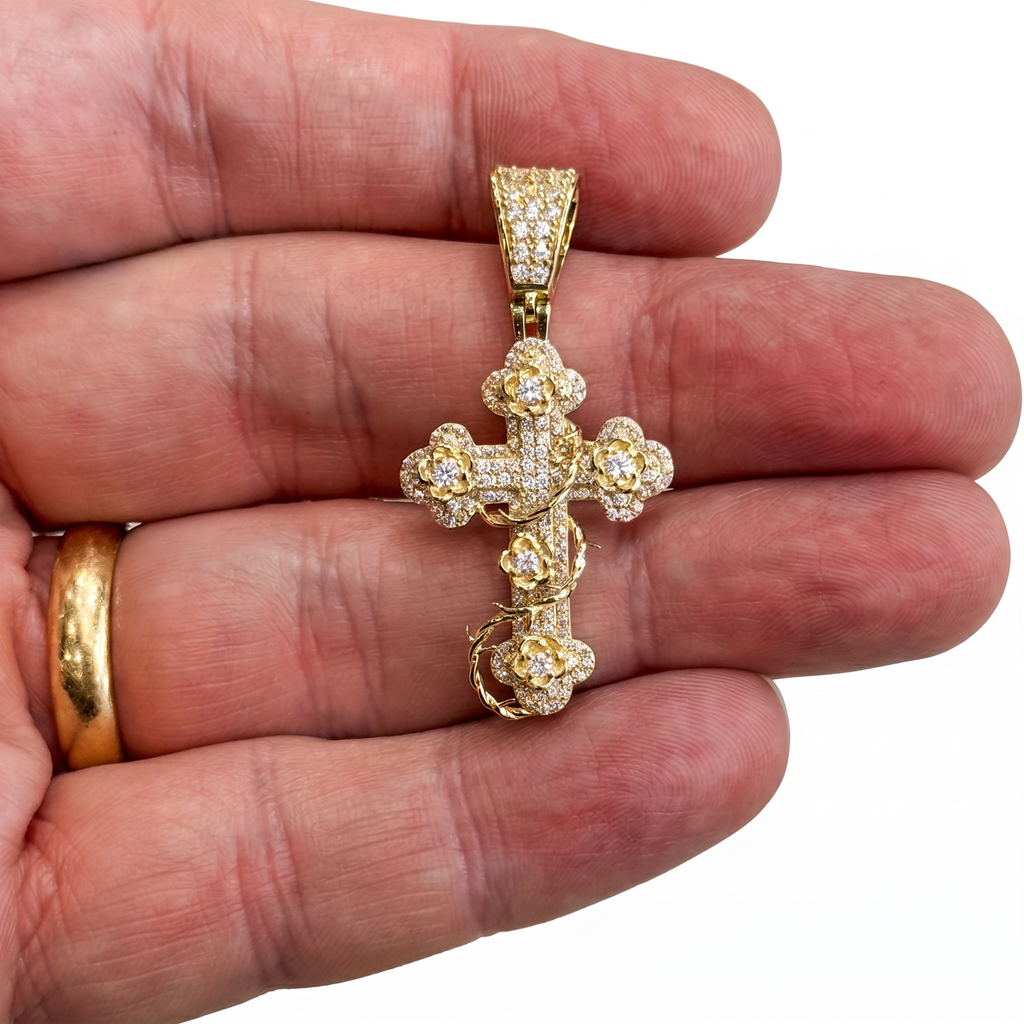 14K Cross CZ Rose Thorn Style Pendant (1.5” Inches) JTJ