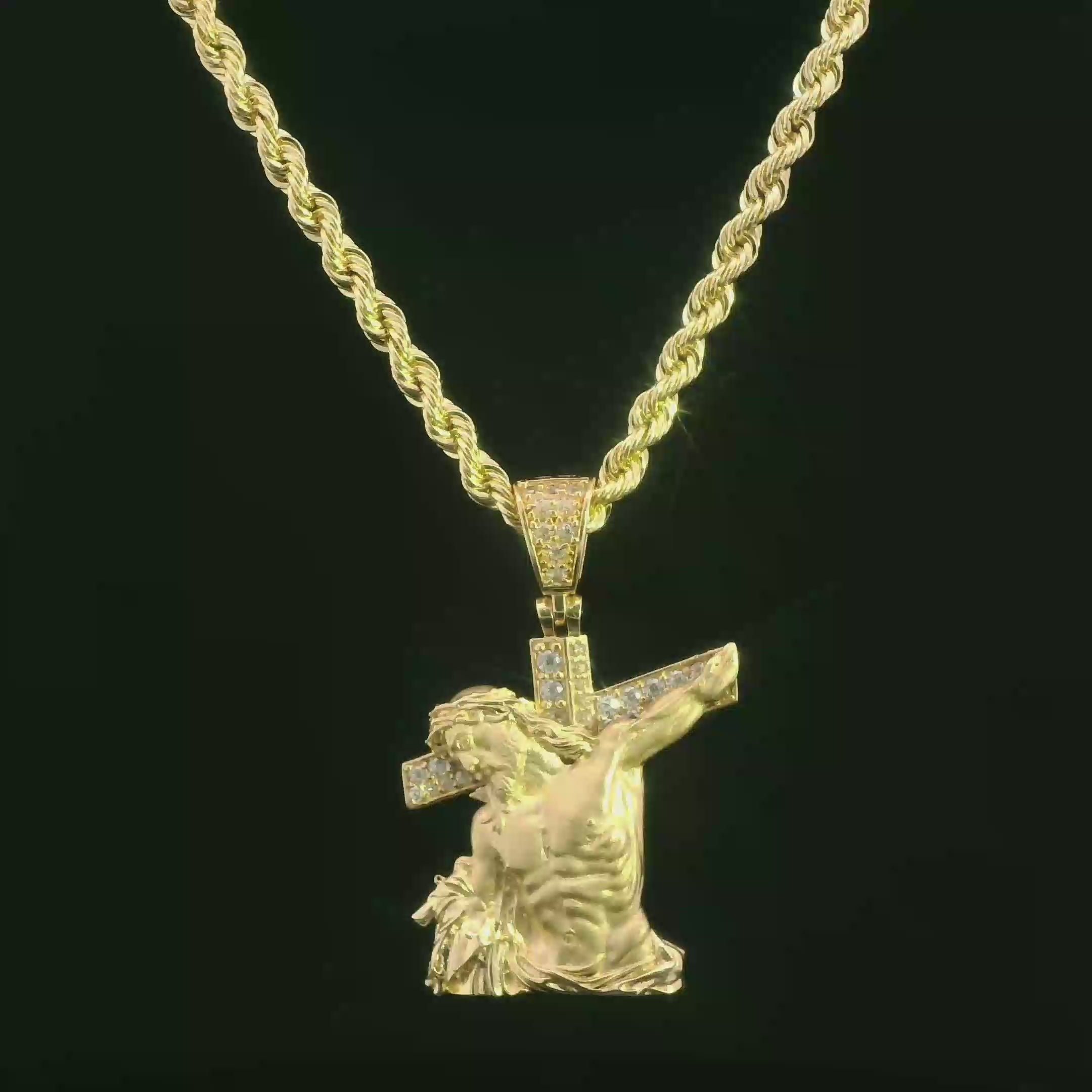 14K Jesus Cross CZ Pendant W/ Hollow Rope Chain (3MM - 22” Inches) JTJ ...